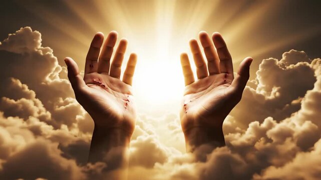 Outstretched man hands with stigmata marks in heavenly clouds, concept of resurrection, God, and spiritual healing.