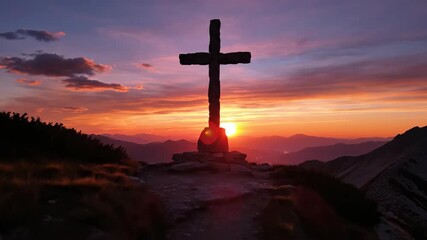 Wooden cross on a mountain at sunset with an ethereal sky. Religious footage for christian faith and outdoor spirituality.