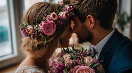 Newly married couple sharing an intimate moment, bride wearing floral crown, groom holding bouquet, faces not visible, natural light, with copy space