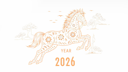 ia generated. Lunar New Year 2026 with a horse and gold details. Modern abstract design representing energy, prosperity, and good fortune.	