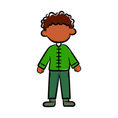 Cute Curly-Haired Boy Character in Green Outfit