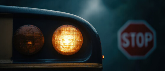 Bus headlight fog night stop sign rain street safety traffic. Bus headlight glows foggy night rain near stop sign, moody urban street scene with wet surface and cautious safety vibe, dramatic