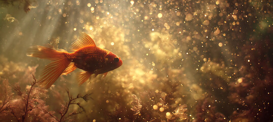 Goldfish swimming in serene underwater scene with sunlight and golden bokeh effects creating peaceful atmosphere naturally