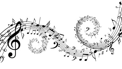 ia generated. Artistic design with swirling musical notes on white background, perfect for music, creativity, or editorial design themes.	