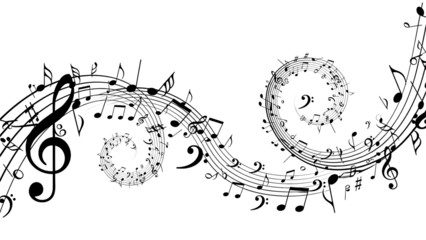 ia generated. Artistic design with swirling musical notes on white background, perfect for music, creativity, or editorial design themes.	