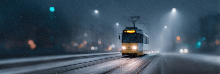 Snowy night city street tram rails streetlight winter urban transport snowfall cold night mood as trolley glides along gleaming tracks soft bokeh lights and mist create serene quiet atmosphere