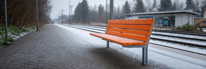 Minimalist tram stop bench orange seat snowy platform winter mood empty station urban transit overcast sky wet pavement rail track quiet morning. Minimalist scene feels calm and still