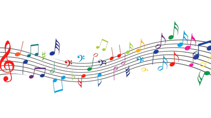 ia generated. Artistic design with swirling musical notes on white background, perfect for music, creativity, or editorial design themes.	