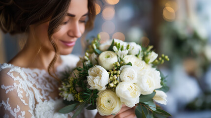 Bride holding a large romantic bouquet of white flowers, face partially obscured, classic wedding aesthetic, shallow depth of field, with copy space
