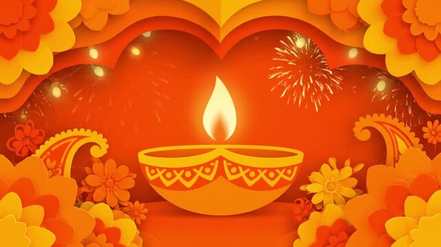 Traditional Indian Diwali festival background animation with lit clay diya lamps, floral mandala, and orange-red frame.