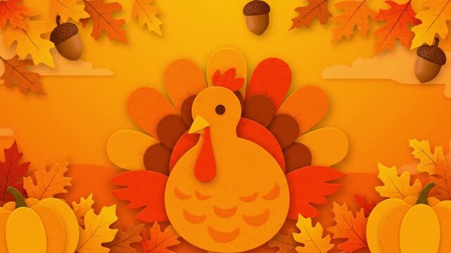 Paper Cut Thanksgiving Turkey in Autumn Landscape with Falling Leaves