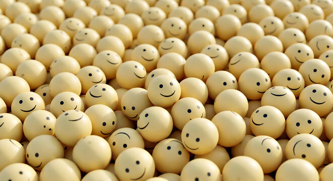 Yellow Smiley Face Balls: Abundance of Happiness, Positivity, Joy, and Community Well-being. Optimistic Concept for Success & Mental Health.