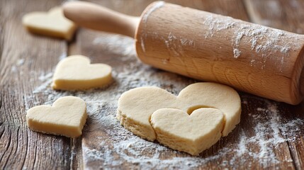 A wooden rolling pin and heart-shaped cookies on a floured wooden surface