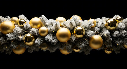 Horizontal snow-dusted Christmas garland with gold ornaments on