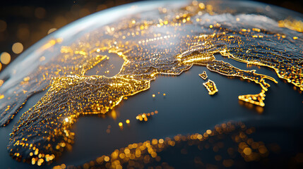 Close up view of digital globe showcasing illuminated cities and geographical features, highlighting beauty of our planet