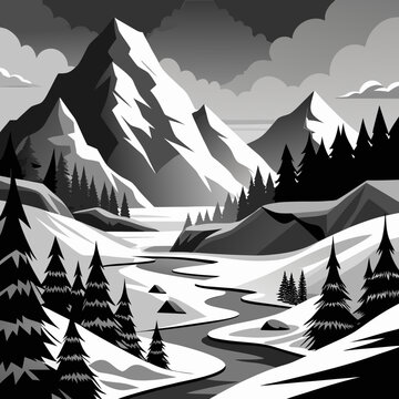 Title: Black and white mountain landscape with pine trees and a winding river in a detailed