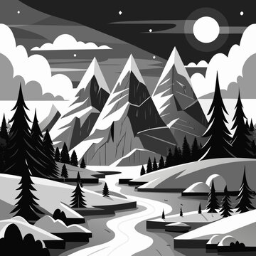 Title: Nighttime mountain landscape with pine trees and a large moon in the sky pahar