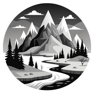 Title: Snowy mountain landscape with pine trees and winding river in a circular frame
