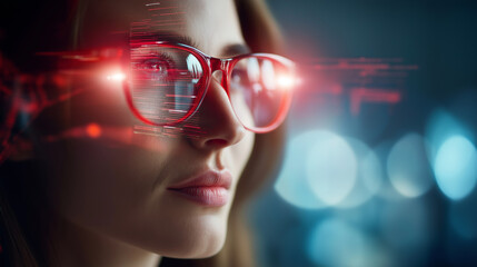 Woman wearing red glasses observing glowing digital data, reflection in lenses, faceless framing, futuristic analysis concept, defocused background, with copy space