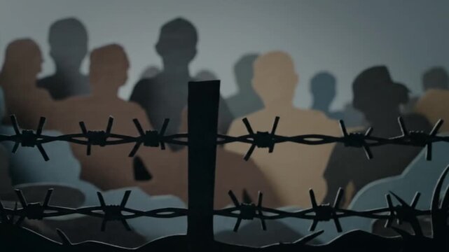 Striking graphic illustration portraying a group of silhouetted individuals confined behind barbed wire, symbolizing issues of human rights, injustice, and detention