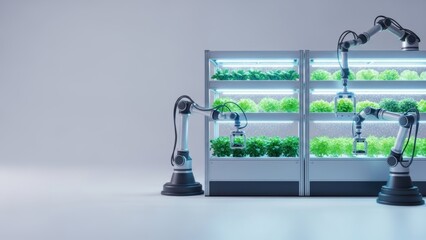 Robotic arms tending to vertical hydroponic farm with glowing lights, representing advanced agriculture technology