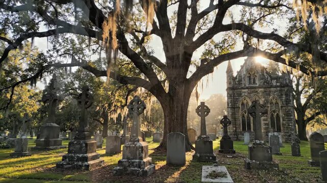 Sunlit cemetery with angel statue, Celtic crosses, and mausoleum. Historical graveyard for memorial concept.