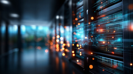 Abstract server room visualization with glowing lights, data center concept, information technology, faceless environment, depth blur, with copy space