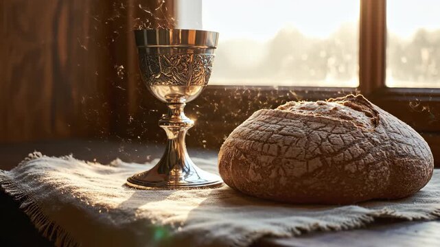 Chalice and round bread loaf by window light in a timeless devotional scene for religious symbolism.
