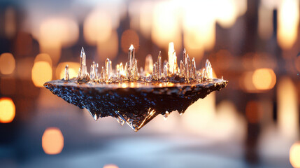 Floating island with glowing crystals, suspended in air, creating magical atmosphere. background features blurred cityscape