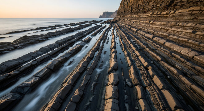 Layered coastal rock formations along the Black Sea shore at sun