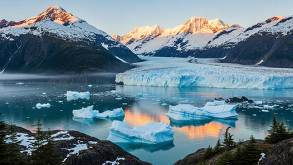 Snowy mountain range with glacier and icebergs in calm water at sunrise with serene landscape and snowcapped mountains and frozen lake and iceberg floating