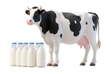 Holstein cow with milk bottles. Dairy farm concept for fresh, healthy milk.