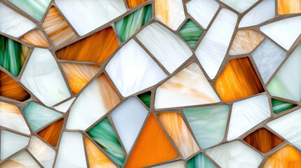 Geometric stained glass window features vibrant colors and intricate patterns, creating stunning visual effect