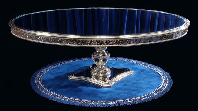 Ornate blue velvet table with silver accents