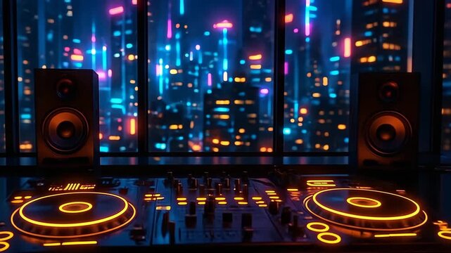 DJ setup with glowing equipment in modern cityscape at night