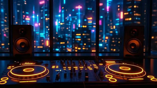 DJ setup with glowing turntables and speakers overlooking vibrant cityscape