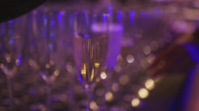 Alcohol setting on catering banquet table, bartender pouring liquor beverages, row line of different colored alcohol drinks on party, glass of wine, sparkling wine on decorated banquet table event