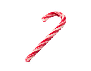 Red and white striped hook-shaped sweet on a black background