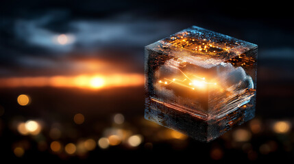 Floating glowing cube with circuit patterns, cloud computing and data transfer concept, abstract technology, defocused glow, with copy space