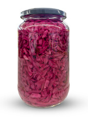 Pickled red cabbage in glass jar isolated