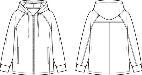 Technical flat sketch of hooded jacket, front and back view with raglan sleeves and yoke seam, flat vector illustration