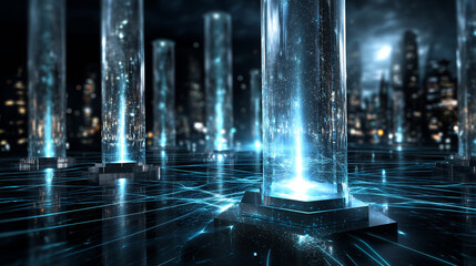 Futuristic digital landscape with translucent glowing pillars and reflective floor, abstract data pathways, soft focus, with copy space