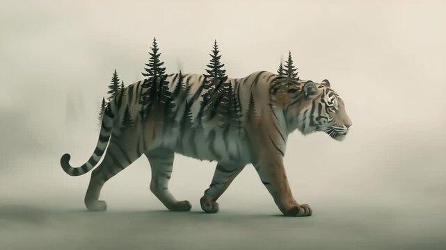 Majestic tiger walking through misty forest with trees growing on its body