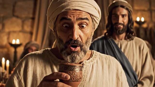 Man drinks from traditional cup then looks surprised and happy, Jesus Christ smiles behind him, belief and faith concept.