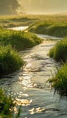 Gentle river flowing between green meadows, soft reflections, warm morning atmosphere, clean natural composition