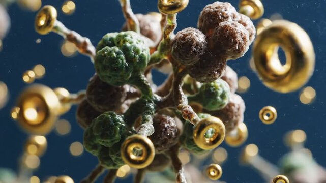 Microscopic view of virus particles floating in a liquid environment.