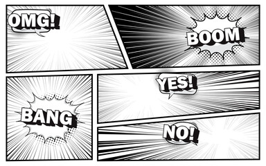 Black and white comic background with various pop art shapes. Rays, radial, halftone, and dot effects.