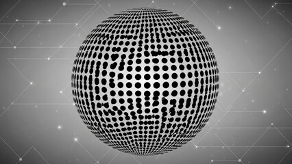 A large metallic sphere covered in black dots on a gray background with white specks and lines
