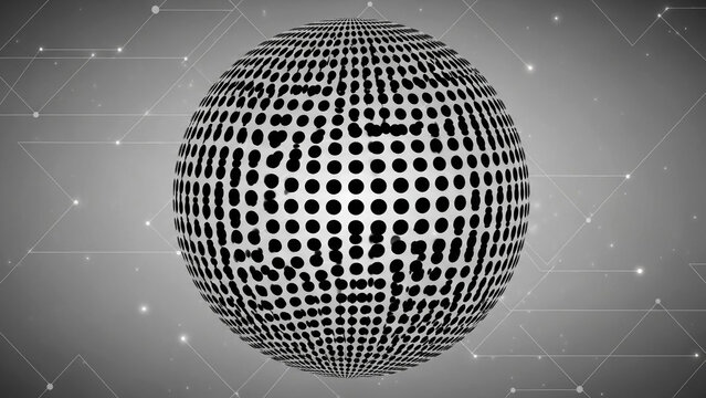 A large metallic sphere covered in black dots on a gray background with white specks and lines - Powered by Adobe