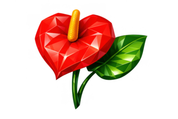 Red anthurium flower with heart shape and geometric facets, creating a modern low poly diamond effect, transparent background